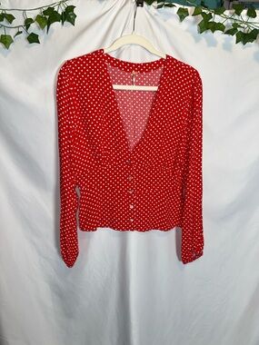Free People Red Polka Dot V-Neck Button Front Blouse